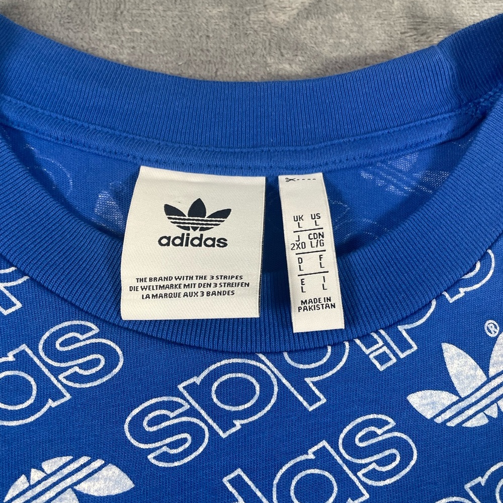 Adidas Originals Mens Blue White All Over Logo Print T-Shirt Trefoil Size Large - Picture 2 of 6